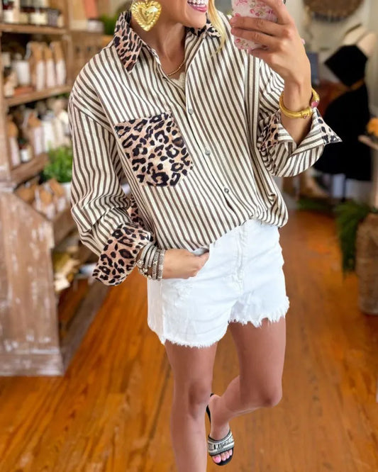 Leopard Patchwork Striped Shirt