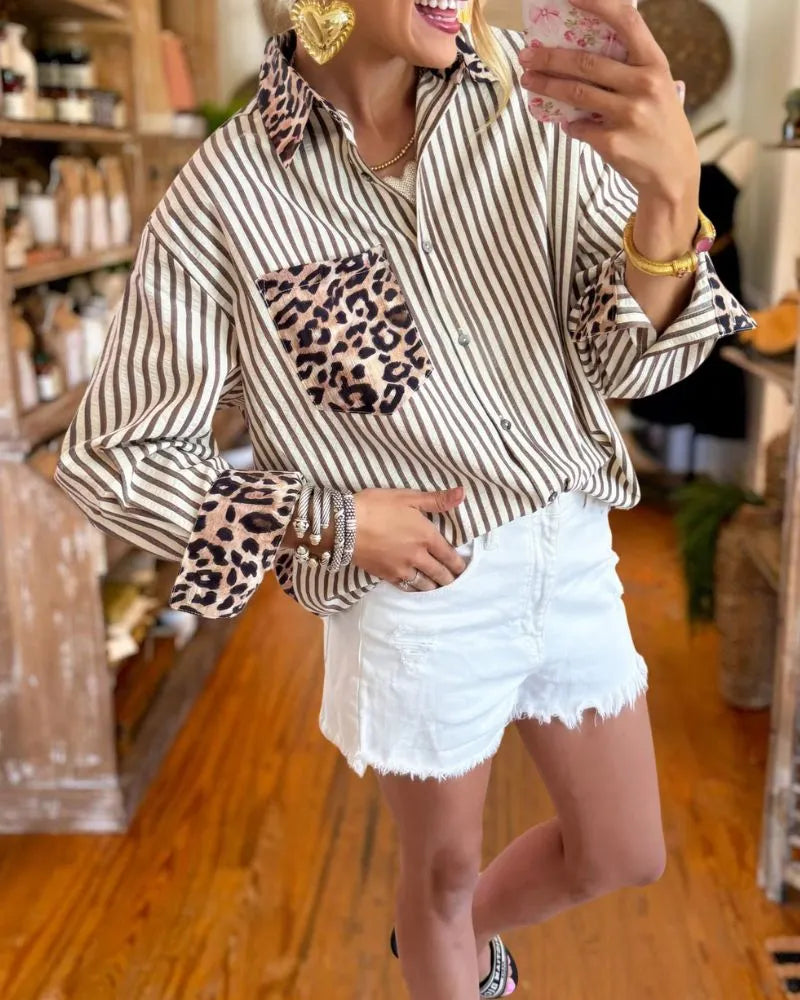 Leopard Patchwork Striped Shirt