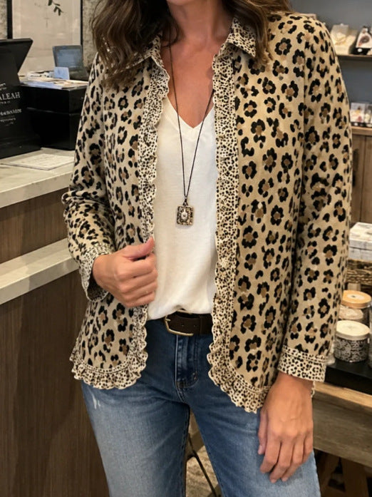 Leopard Collar Long Sleeve Ruffle Trim Shirt