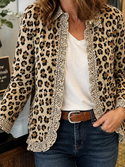 Leopard Collar Long Sleeve Ruffle Trim Shirt